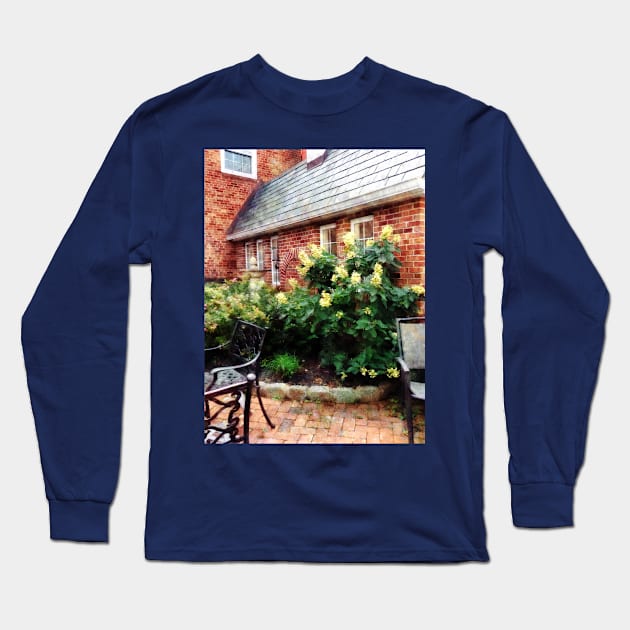 Outdoor Cafe With Hydrangea Long Sleeve T-Shirt by SusanSavad